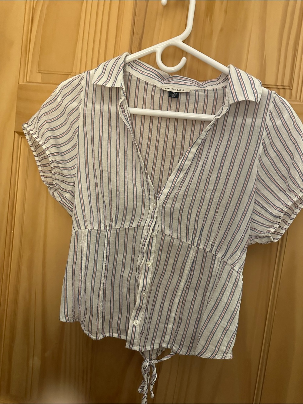 Striped Tie-Hem Button Front Top - White with Blue & Red Stripes